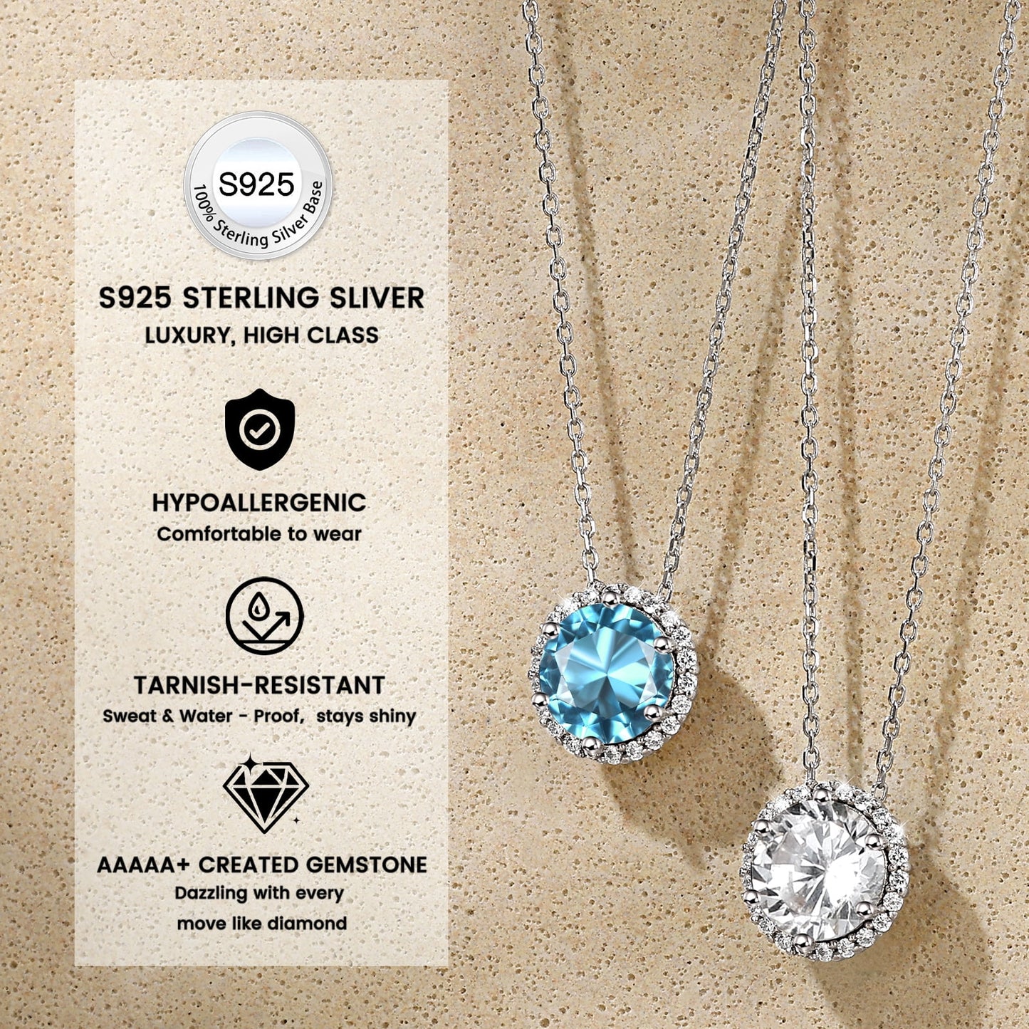 Birthstone Necklace for Women Pure 925 Sterling Silver Necklaces March round Blue Aquamarine Crystal Pendant Gifts for Everyday Wear Mother'S Day